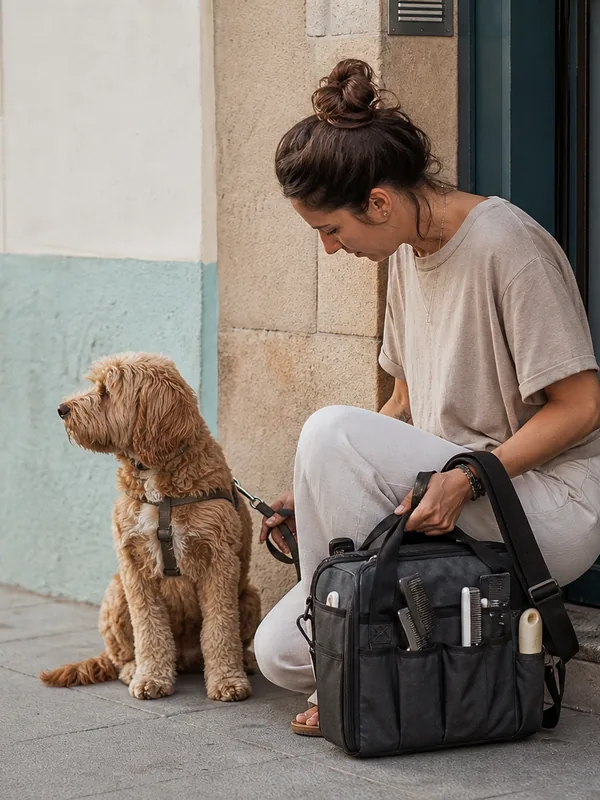 Peluquera canina agachada junto a un perro en la puerta de un edificio