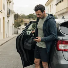 Entrenador personal sacando su bolsa de material del coche en una calle residencial